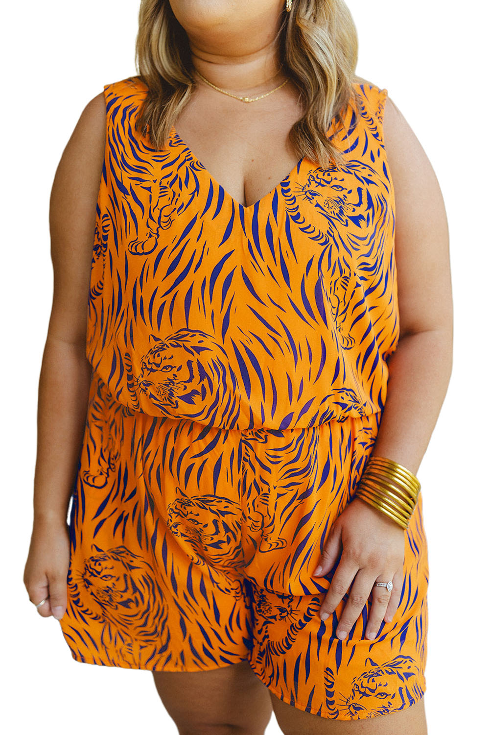 Yellow Plus Size Tiger Print Sleeveless V Neck Romper - Eloy Royal