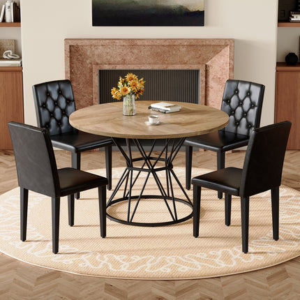Table and chair set. A circular wood MDF dining table with a diameter of 47.3 inches,black hourglass shaped metal brackets.Paired with 4 black PU dining chairs: ergonomic buckle backrest.