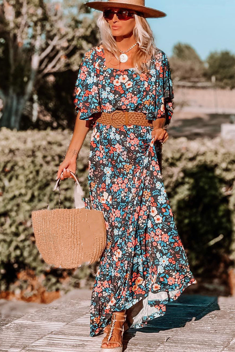 Sky Blue Boho Floral Print Knotted Backless Maxi Dress - Eloy Royal