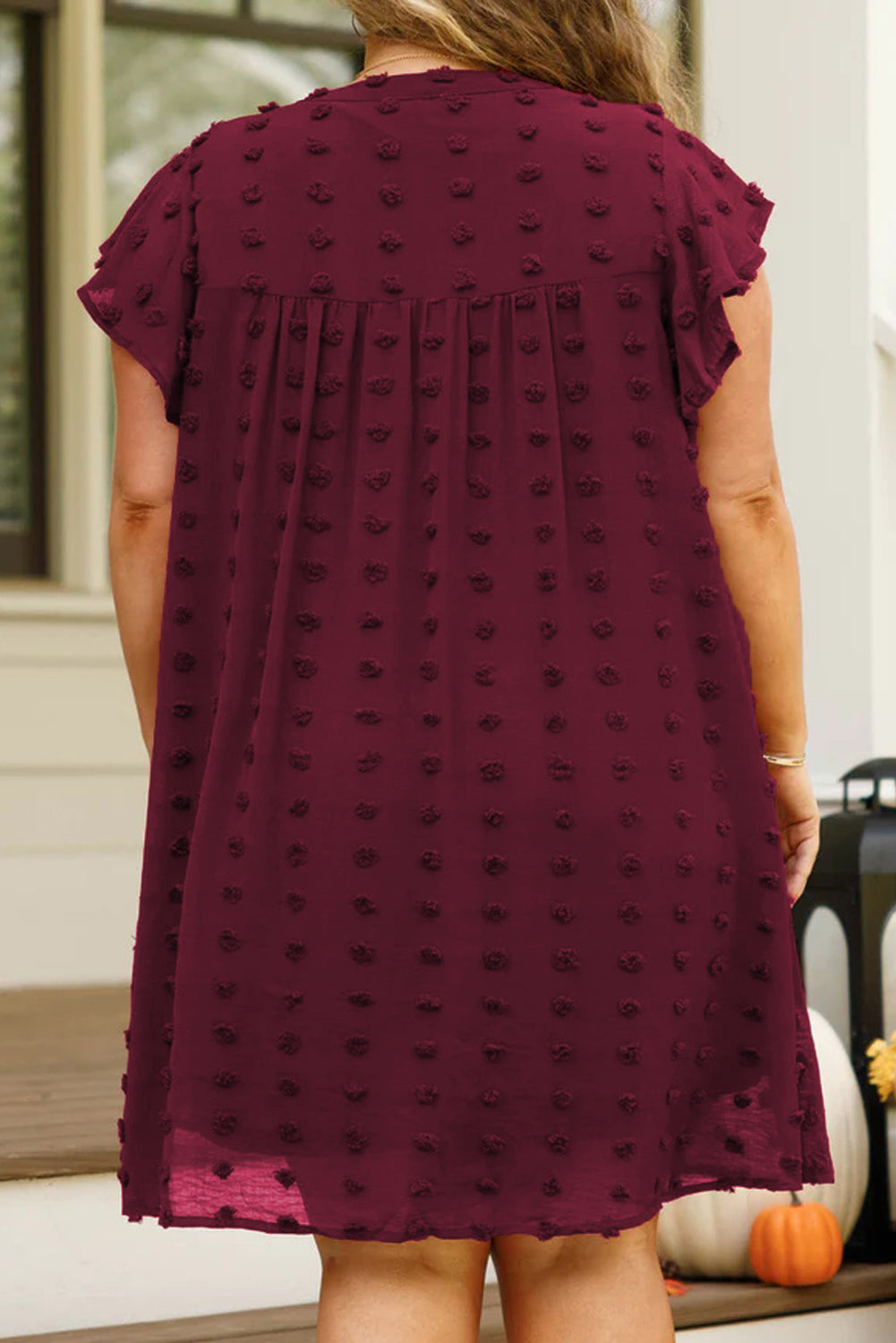 Burgundy Plus Size Swiss Dot Ruffled Sleeve V Neck Dress - Eloy Royal