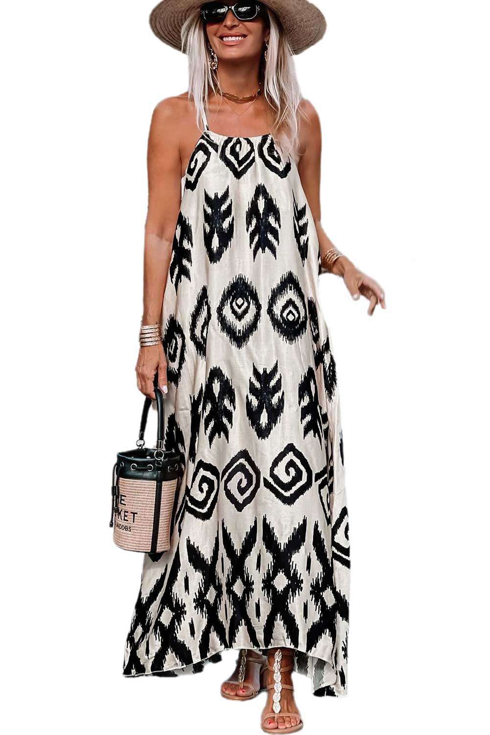 Black Geometric Printed Spaghetti Strap Vacation Sundress - Eloy Royal