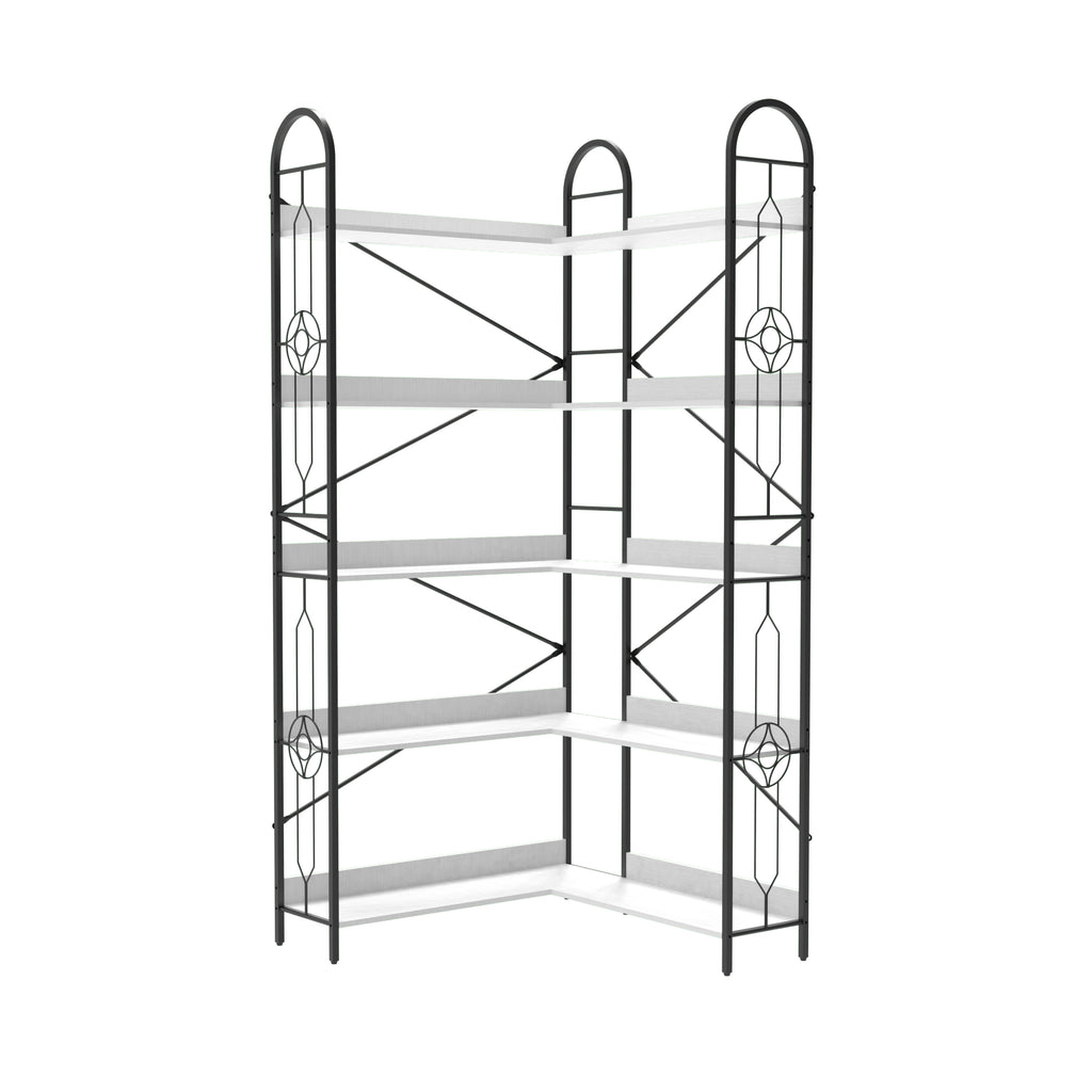 Industrial Style 5 Tier Corner Bookshelf, Ivory White MDF with Thickened Iron Frame, 72.05 Inch