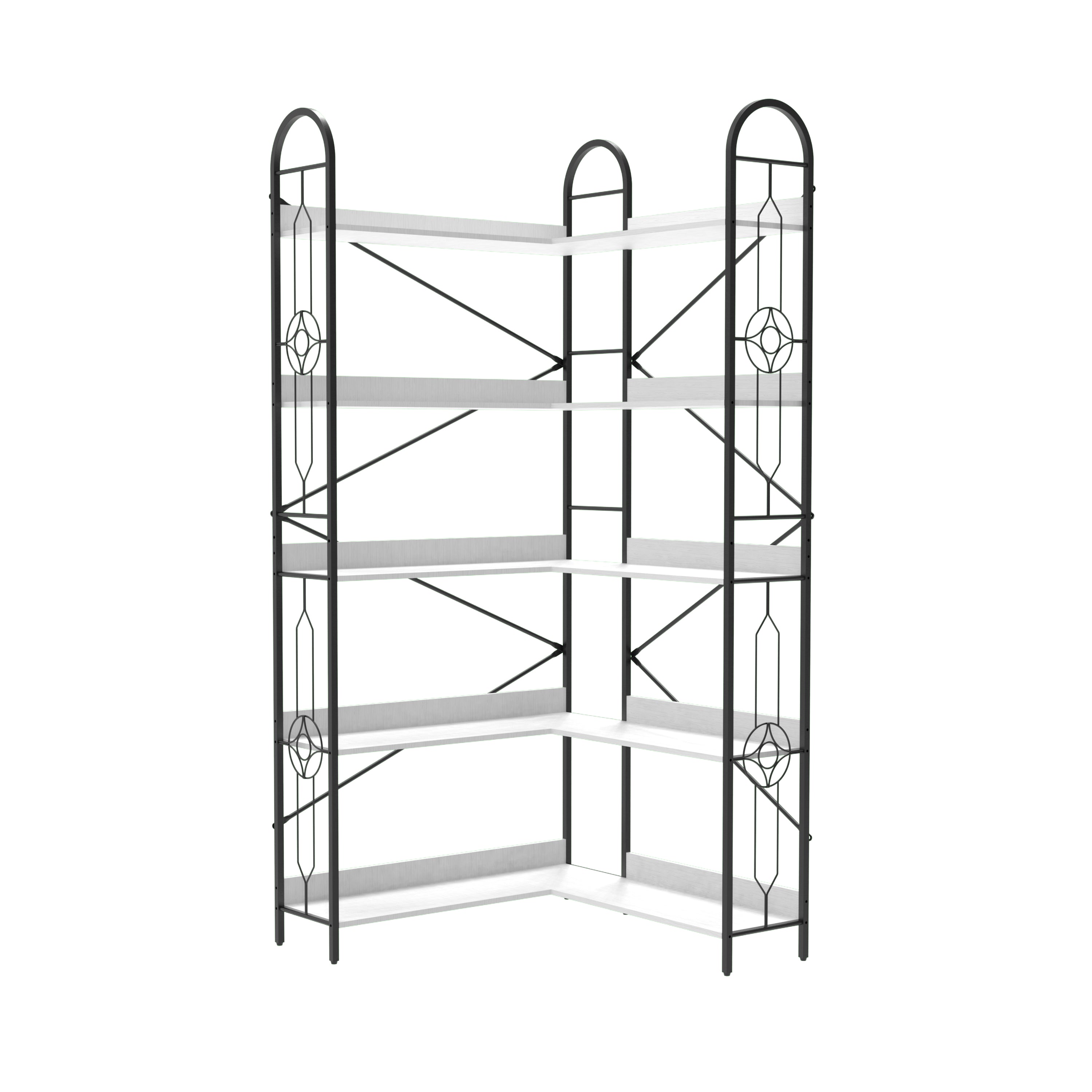 Industrial Style 5 Tier Corner Bookshelf, Ivory White MDF with Thickened Iron Frame, 72.05 Inch