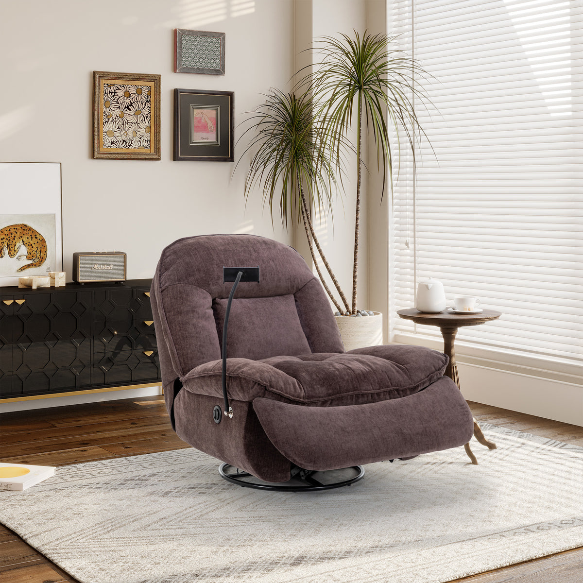 Brown Chenille Swivel Recliner with Phone Holder