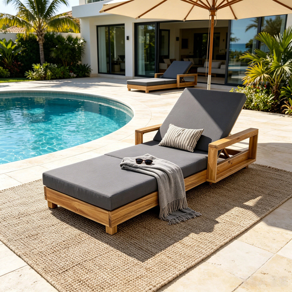 Light Natural Acacia Wood Outdoor Chaise Lounge Set, 1 Frame + 1 Dark Grey Cushion, 4' Thick 3-Fold Water Resistant Foam Cushion, 4-Position Adjustable, 400 LBS Capacity for Patio Pool Backyard