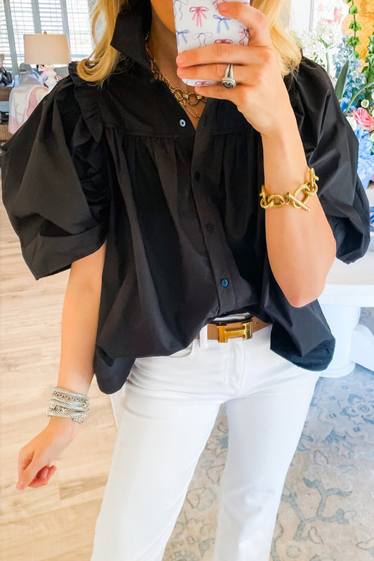 Black Ruched Puff Sleeve Loose Shirt - Eloy Royal