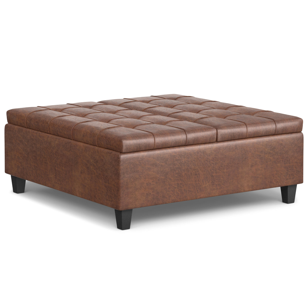 Harrison Large Square Coffee Table Storage Ottoman in Distressed Saddle Brown Vegan Leather with Solid Wood Frame and Lift-Up Top