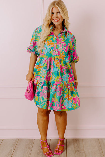 Green Plus Floral Print Puff Sleeve Tiered Shirt Dress - Eloy Royal