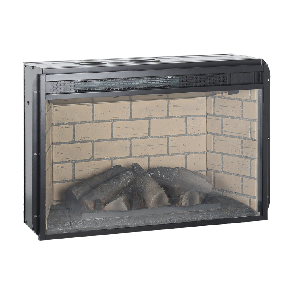 26 Inch Infrared Quartz Heater Fireplace Insert - Woodlog Version with Brick Background, Antique Black, Tempered Glass and Sheet Metal