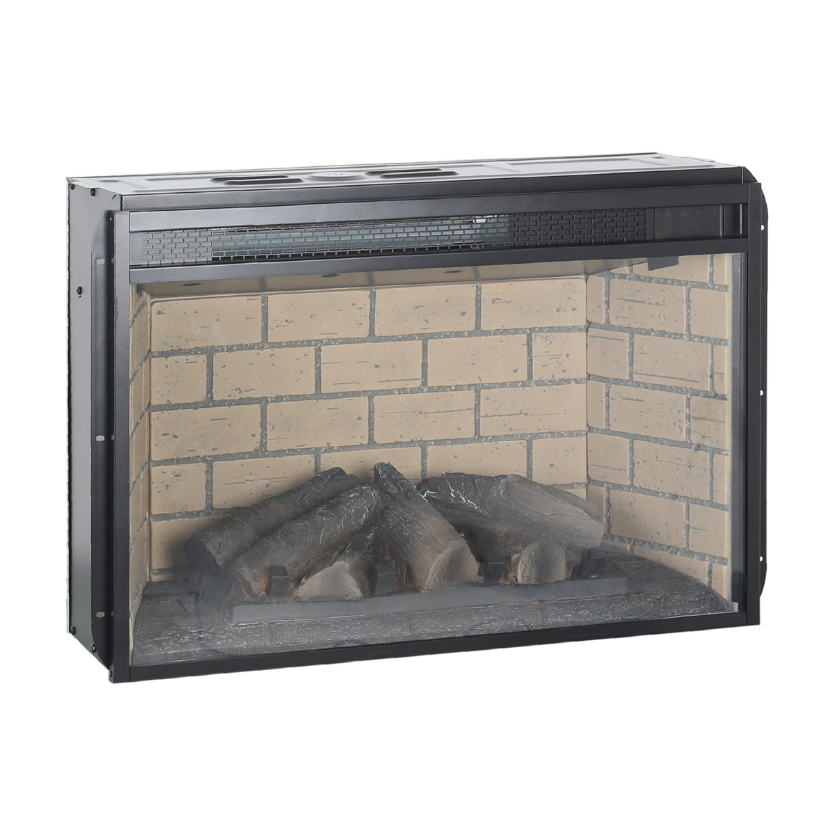 26 Inch Infrared Quartz Heater Fireplace Insert - Woodlog Version with Brick Background, Antique Black, Tempered Glass and Sheet Metal