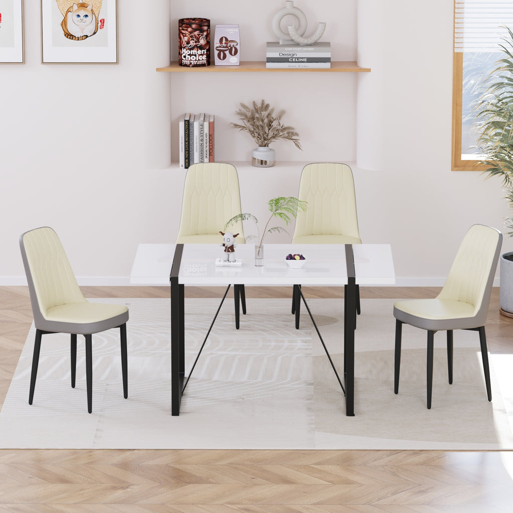 55 '4-person modern MDF dining table set, kitchen black metal leg dining table and chair set, industrial rectangular white tabletop and dining room thick padded PU dining chairs
