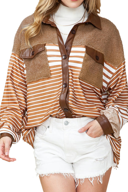 Wholesale Khaki Faux Leather and Sherpa Striped Shirt Shacket - Eloy Royal