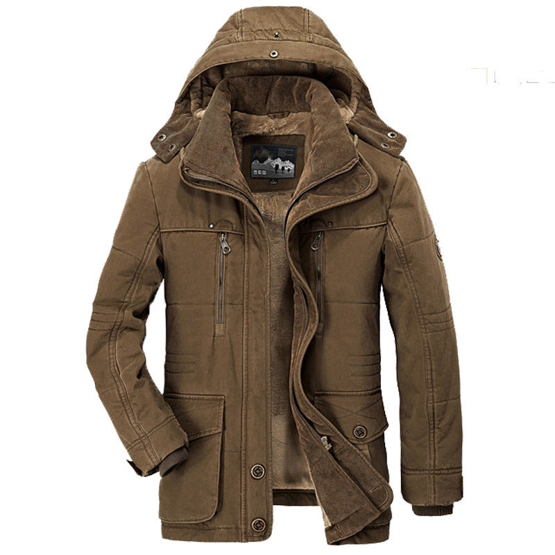 Thickened multi-pocket hooded men's cotton coat