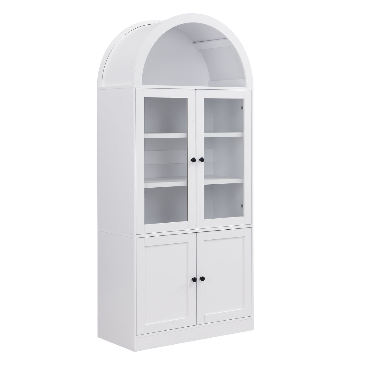 Tall Arched Top Storage Cabinet with Tempered Glass Doors, 5-Tier Shelves, Soft Close Hinges, Door Organizer, Freestanding Display & Storage Cabinet in White, MDF and Tempered Glass