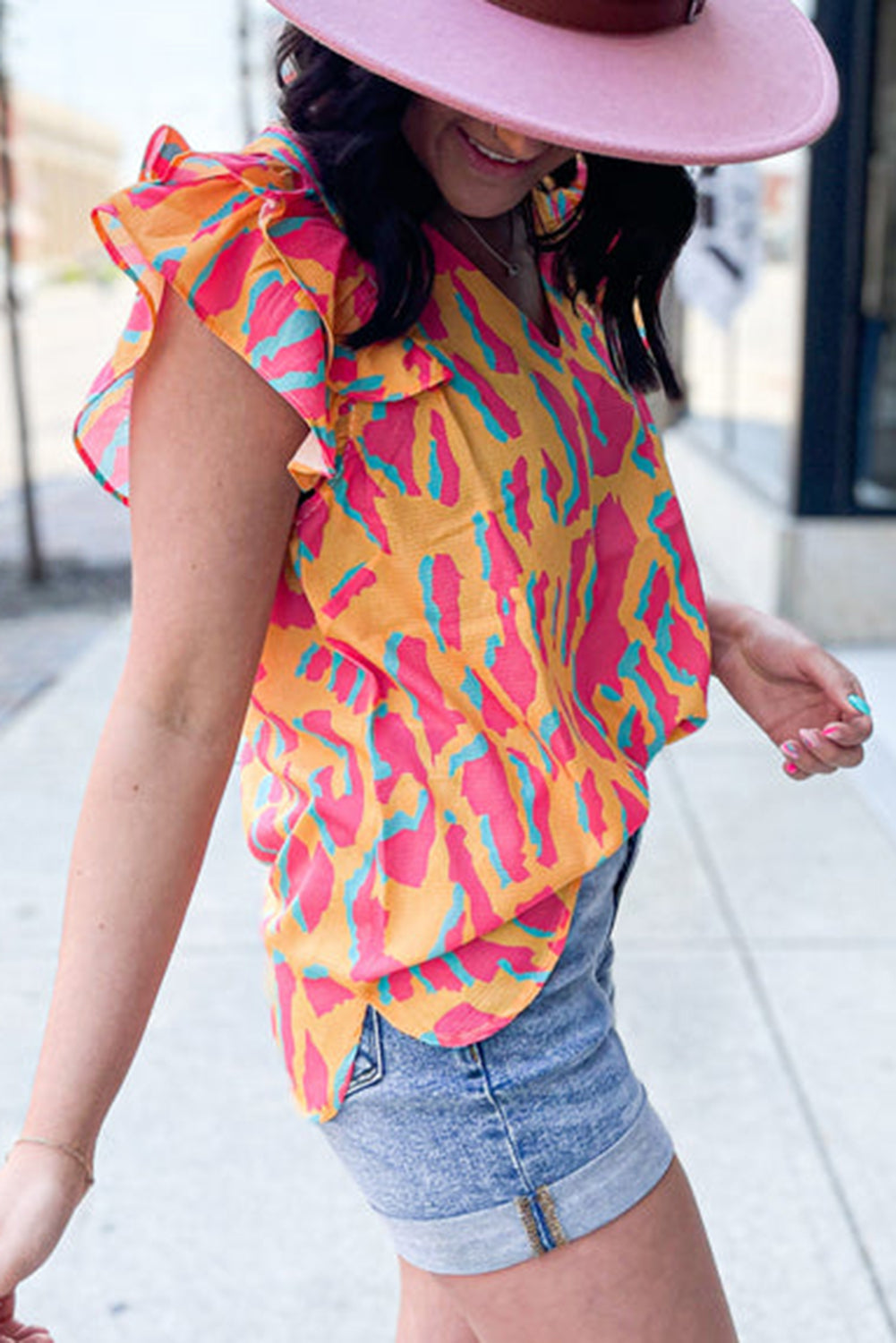 Orange Abstract Print V Neck Ruffled Sleeve Blouse - Eloy Royal