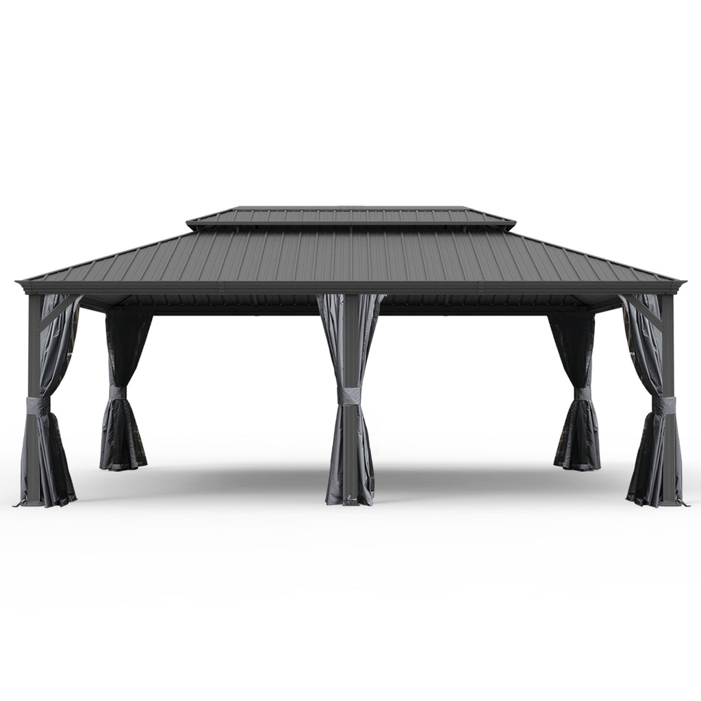 14' X 24' Hardtop Gazebo, Upgraded Metal Gazebo with Drainage System, Dual-Layer Galvanized Steel Roof, Curtain and Netting, Outdoor Shelter Canopy for Patio, Garden, and Backyard, Grey