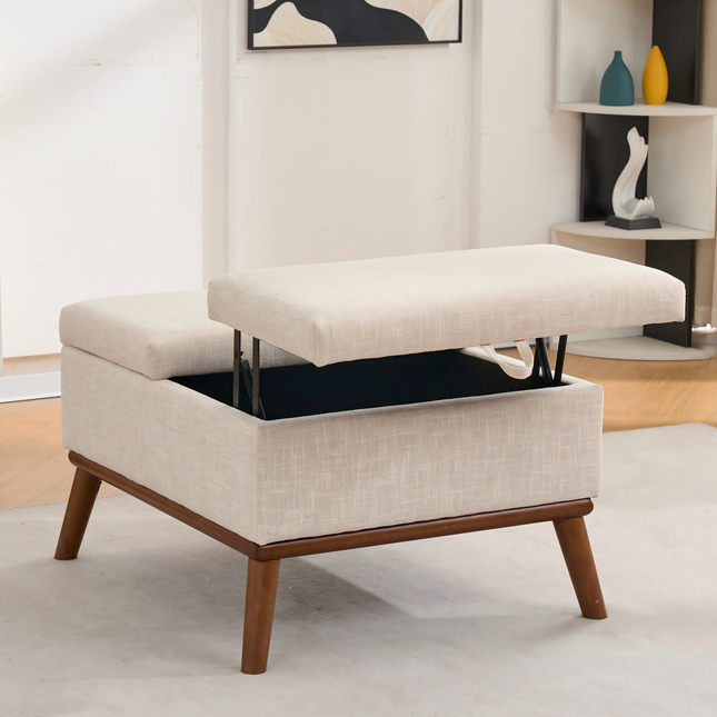 Large Ottoman with Storage, 31' Mid Century Modern Rectangle Coffee Table with Lid Lifting Function, High Wooden Legs, Oversized Storage Ottomans for Living Room, Office, Beige
