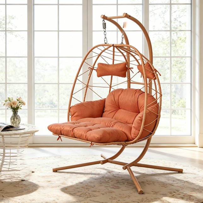 2 Person Hanging Egg Chair with Stand, Double Outdoor Wicker Swing Chair with Adjustable Footrest & Thickened Cushions for Patio Garden Balcony