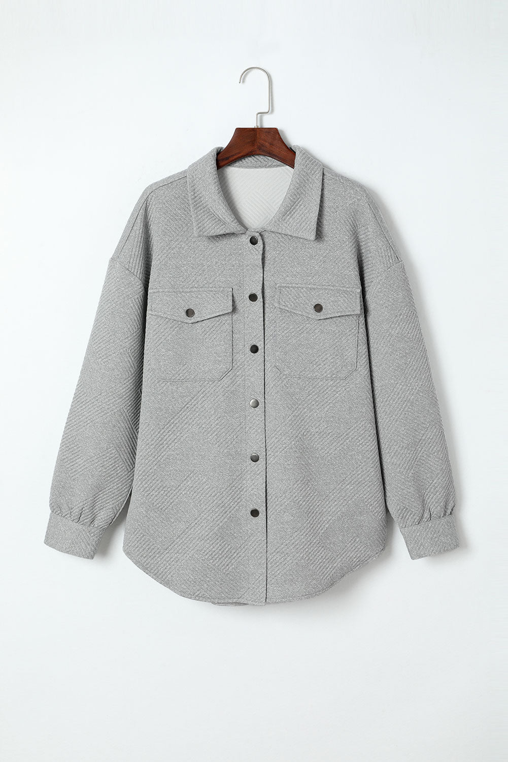 Wholesale Gray Solid Textured Flap Pocket Buttoned Shacket - Eloy Royal