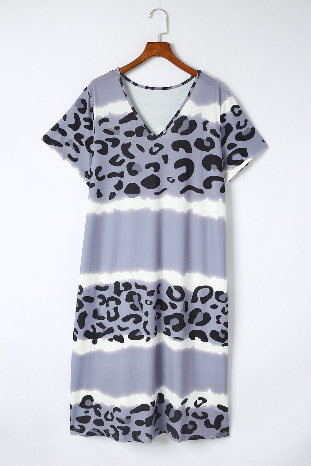 Wholesale Leopard Tie Dye Color Block V Neck Plus Size T Shirt Dress - Eloy Royal