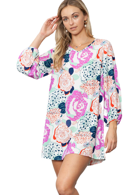 Multicolor Floral Print V Neck Bohemian Tunic Dress - Eloy Royal