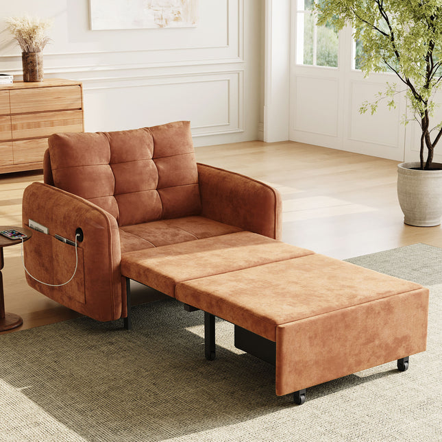 [NEW] 3-in-1 Sleeper Chair Bed, 80' Extra Long Pull Out Sleeping Lounge with USB Charging, Storage Pockets and Box, Tufted Design, Multi-Functional Chenille Single Sofa Bed for Living Room&Apartment