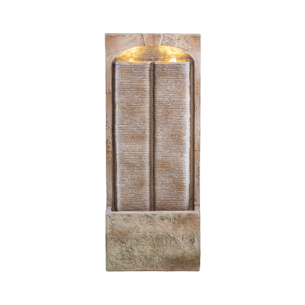 39.4' Tall Light Brown Resin Water Fountain with LED Lights, Double Textured Surface, Indoor/Outdoor Decor