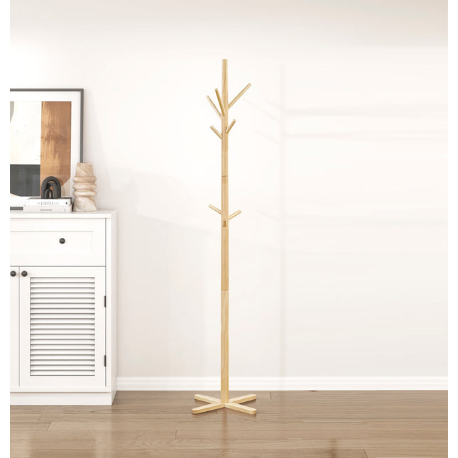 Natural Finish Modern Coat Rack Solid Wood, 9 Hooks Coat Hanger Stand Entryway Home Furniture 1pc