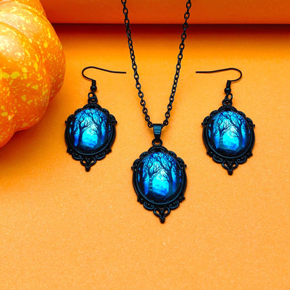 3pcs Vintage Halloween Tree Of Life And Witch Necklace Set With Earrings Alloy Pendant Jewelry