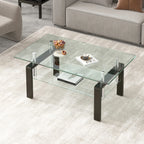 Modern Tempered Clear Glass Coffee Table with 2-Layers and Waterfall Edges for Living Room - Eloy Royal