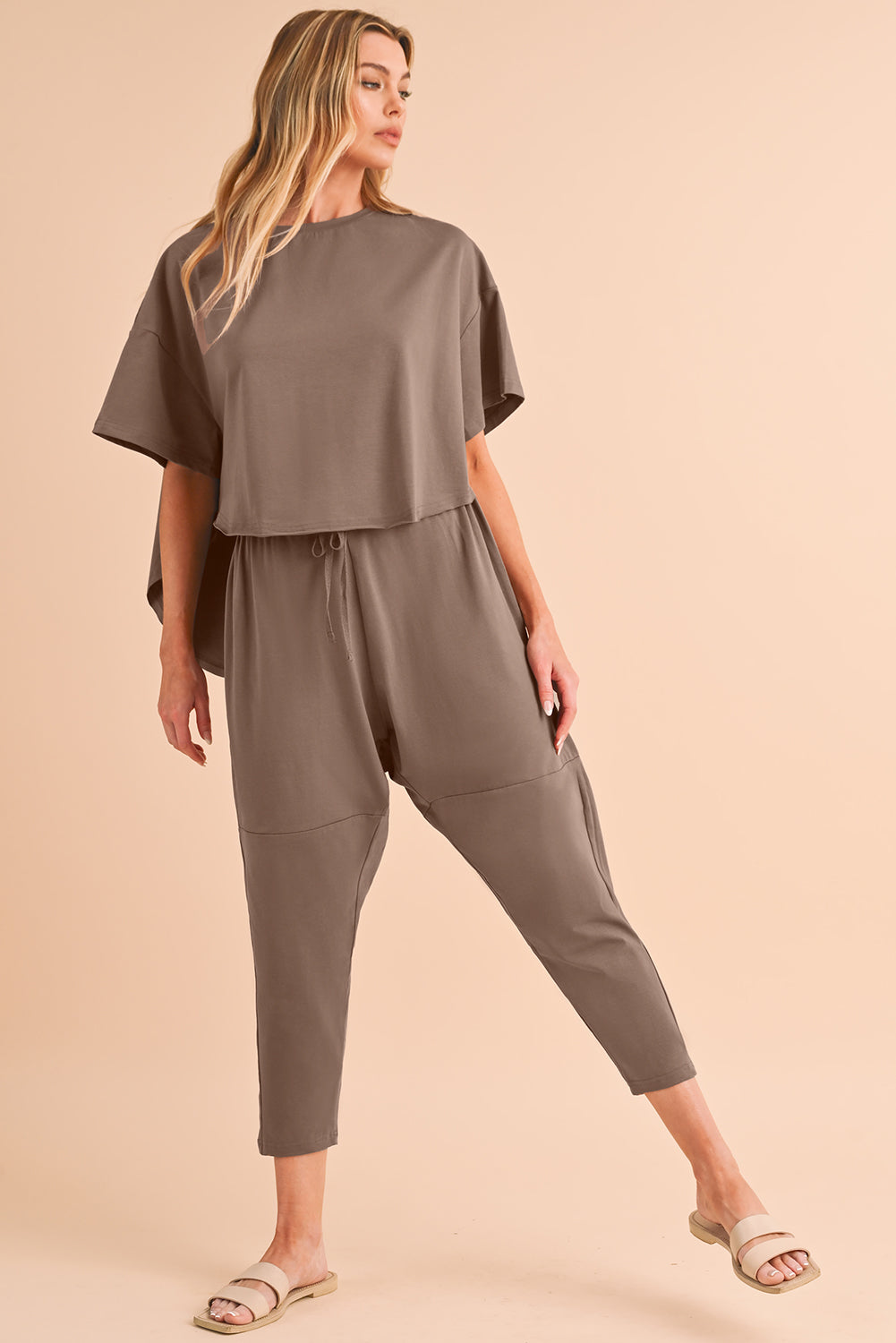 Taupe Batwing Sleeve High Low Tee and Drawstring Crop Pants Set - Eloy Royal