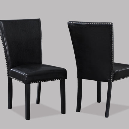 2pc Transitional Upholstered Side Chair with Nailhead Trim Black Faux Leather Upholstery Tufted Nail-head Dining Room Wooden Furniture