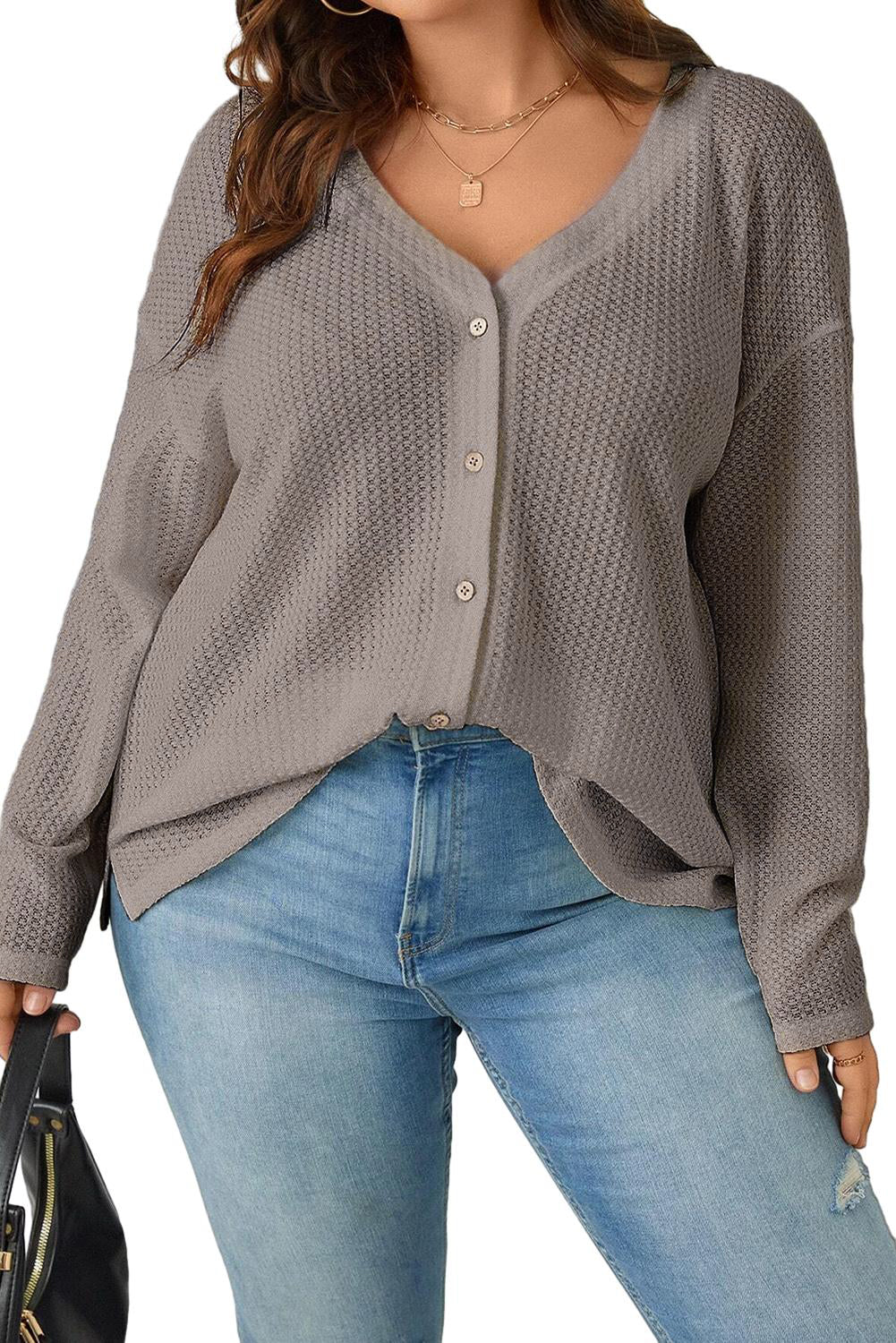 Simply Taupe Waffle Knit Drop Shoulder Button Front Plus Size Top - Eloy Royal