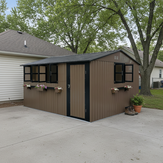12x10 FT Outdoor Metal Storage Shed with 3 Clear Windows & Decorative Flower Rack, Lockable Single Door Tool Shed, Heavy Duty Waterproof Weatherproof Garden Shed for Backyard Patio Yard,  Brown Black