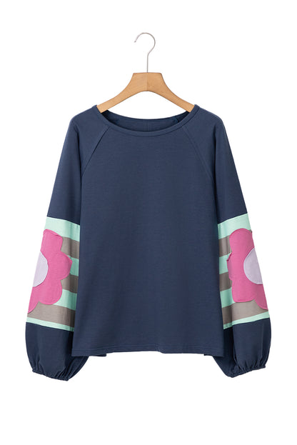 Smoke Green Flower Patchwork Exposed Seam Raglan Sleeve Top