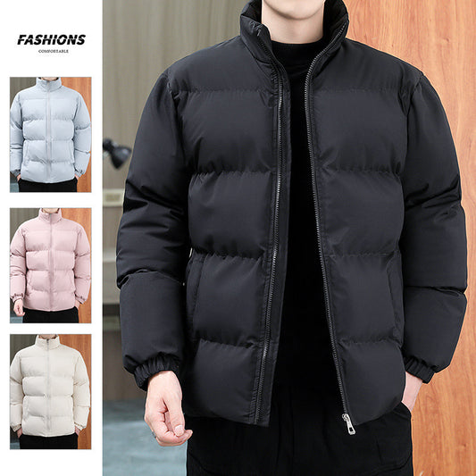 Winter Stand-collar Cotton Coat Couple Casual Warm Plus Velvet Thicken Solid Color Jacket For Men's Clothing