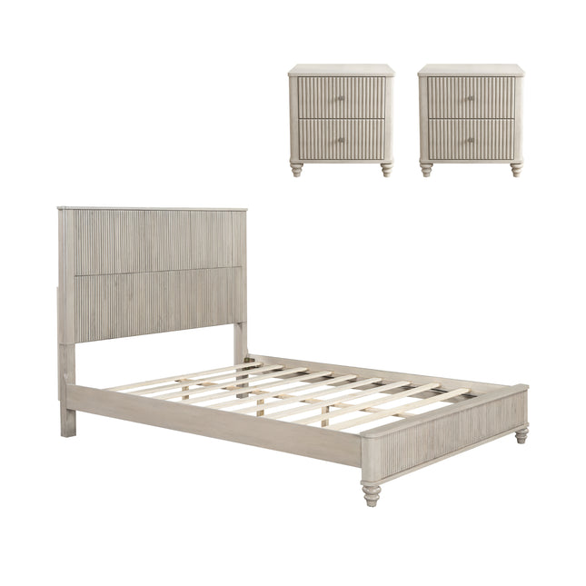 3-Piece Bedroom Set with Queen Size Bed and 2 Nightstands, Beige