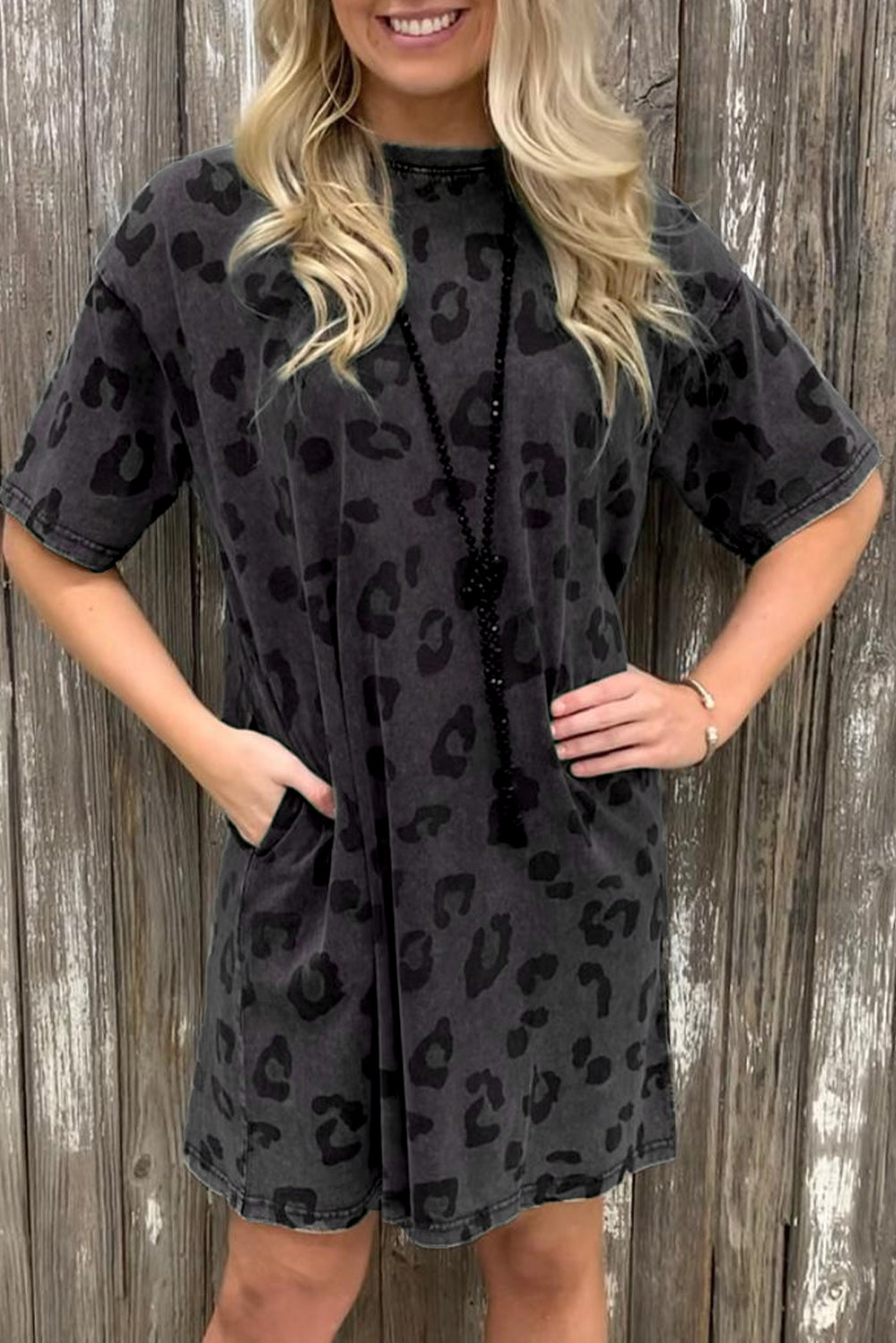 Gray Short Sleeve Casual Leopard Print Dress With Pockets - Eloy Royal