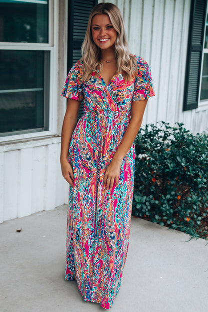 Wholesale Rose Boho Abstract Print V Neck Short Sleeve Maxi Wrap Dress - Eloy Royal