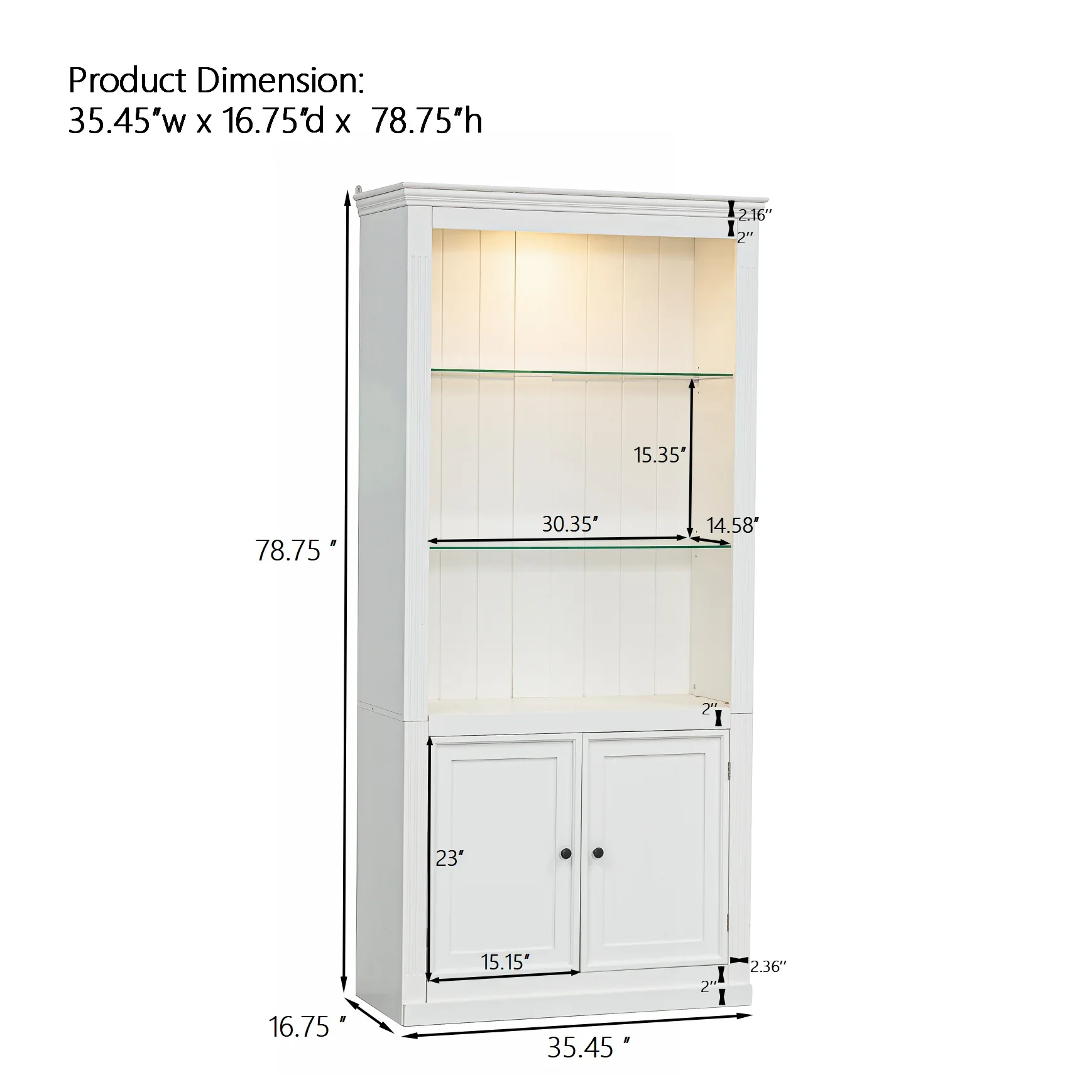 78.75''H 4-Tier Display Shelf, with 5-Colors Dimmable Ceiling Light, Freestanding Farmhouse Bookcases with Storage & Doors, Bookshelf with Adjustable Glass Shelves for Home & Office - White - Eloy Royal