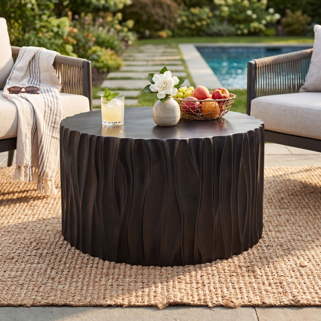Black Round MGO Coffee Table, Wave Textured Cylindrical Side Table, Pre-Assembled Not KD, 66 LBS Weight Capacity, Indoor & Outdoor Multi-Use Accent Table for Living Room Patio Garden