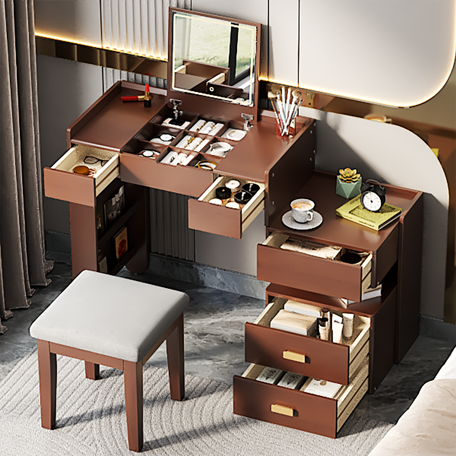 3-in-1 Makeup Vanity Desk with Flip-Top Mirror, LED Lighting, Adjustable Length & Ample Drawers - Stylish Multi-Functional Dressing Table for Home, Walnut