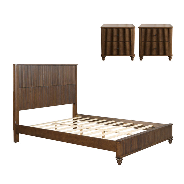 3-Piece Bedroom Set with Queen Bed and 2 Nightstands, Walnut Brown