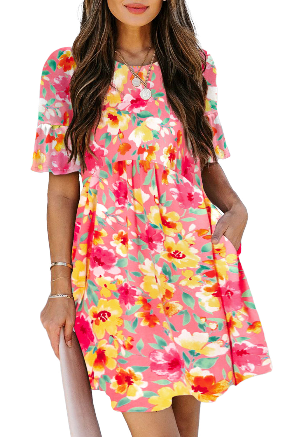 Multicolor Floral Print Flounce Sleeve Pleated Mini Dress - Eloy Royal