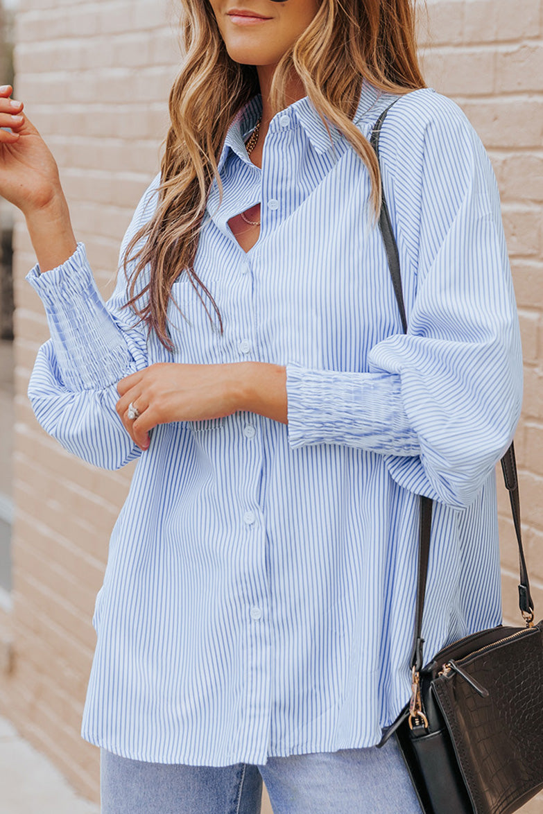 Light Blue Striped Casual Shirred Cuffs Shirt - Eloy Royal