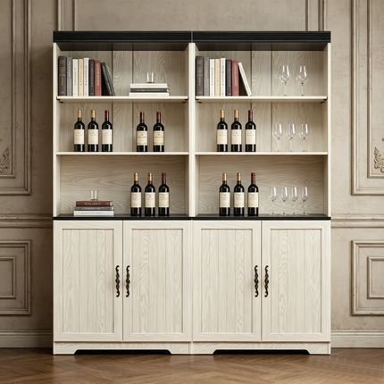 Freely Combine Set Of 2 PCS Tall Storage Bookcase, Height Adjustable Open Shelves & Closed Door Cabinet, Anti-Tip Sturdy Wine Storage MDF Display Bookshelf for Living Room Study Bedroom Home Office