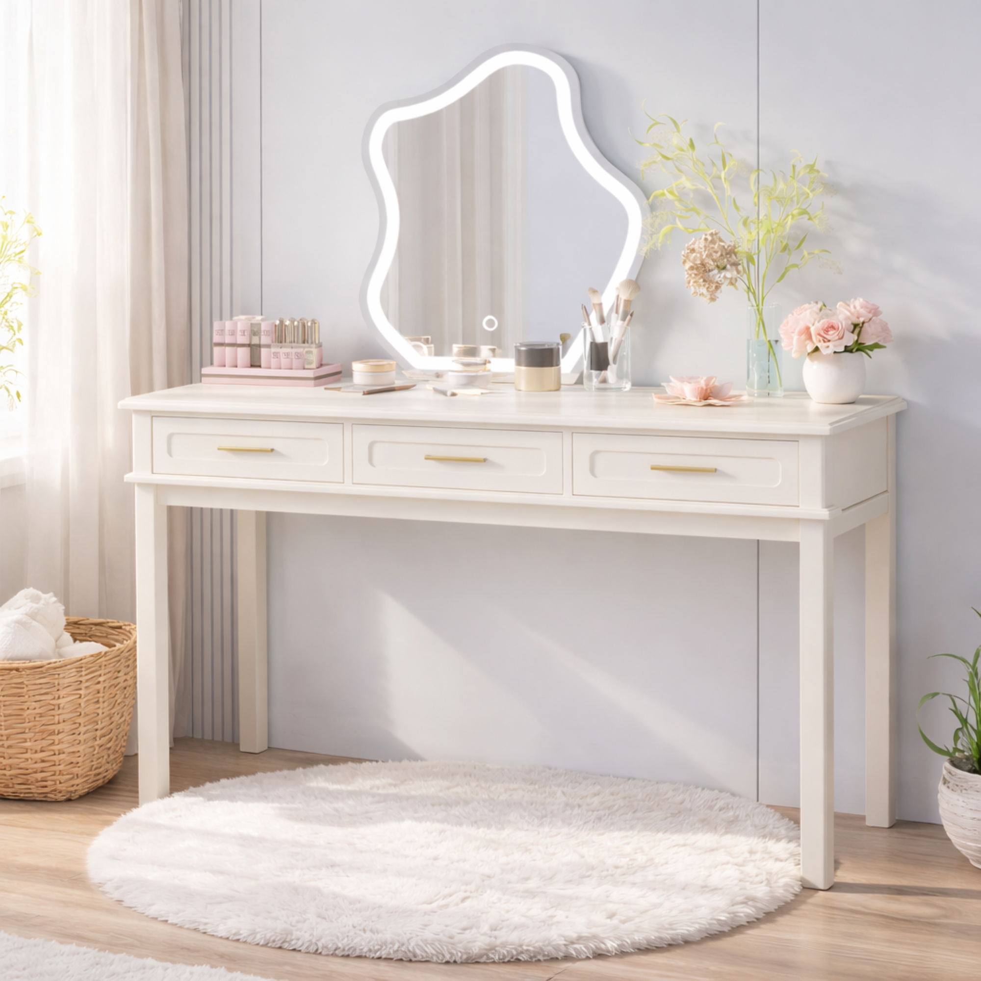 Cream White Vanity Desk with 3 Drawers, Modern Makeup Table or Writing Desk, Multipurpose Dressing Table for Bedroom, No Mirror Included