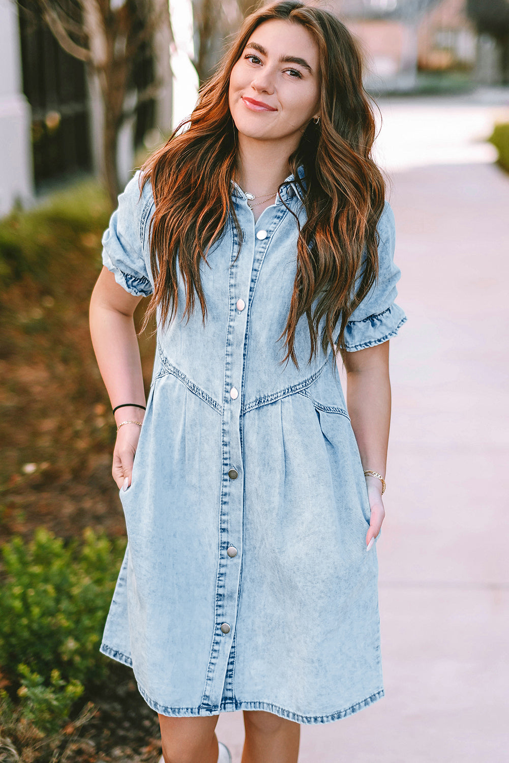 Blue Mineral Washed Ruffled Short Sleeve Pocketed Denim Dress - Eloy Royal