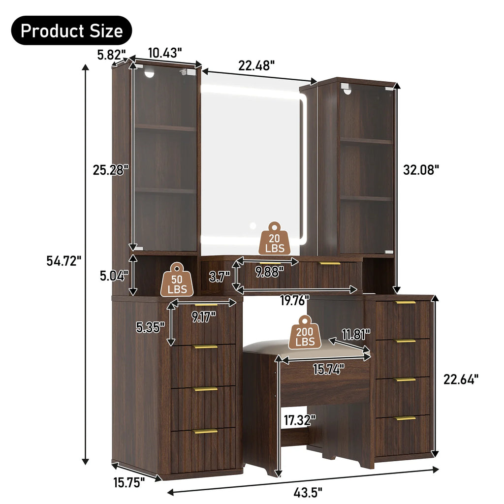 43.5' Fluted Makeup Vanity Desk with Mirror and Lights, Modern Glass Top Vanity Table with 10 Drawers & 2 Transparent Glass Cabinets, Dressing Table Set with Stool and Charging Station, Brown - Eloy Royal