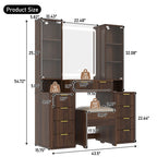 43.5' Fluted Makeup Vanity Desk with Mirror and Lights, Modern Glass Top Vanity Table with 10 Drawers & 2 Transparent Glass Cabinets, Dressing Table Set with Stool and Charging Station, Brown - Eloy Royal